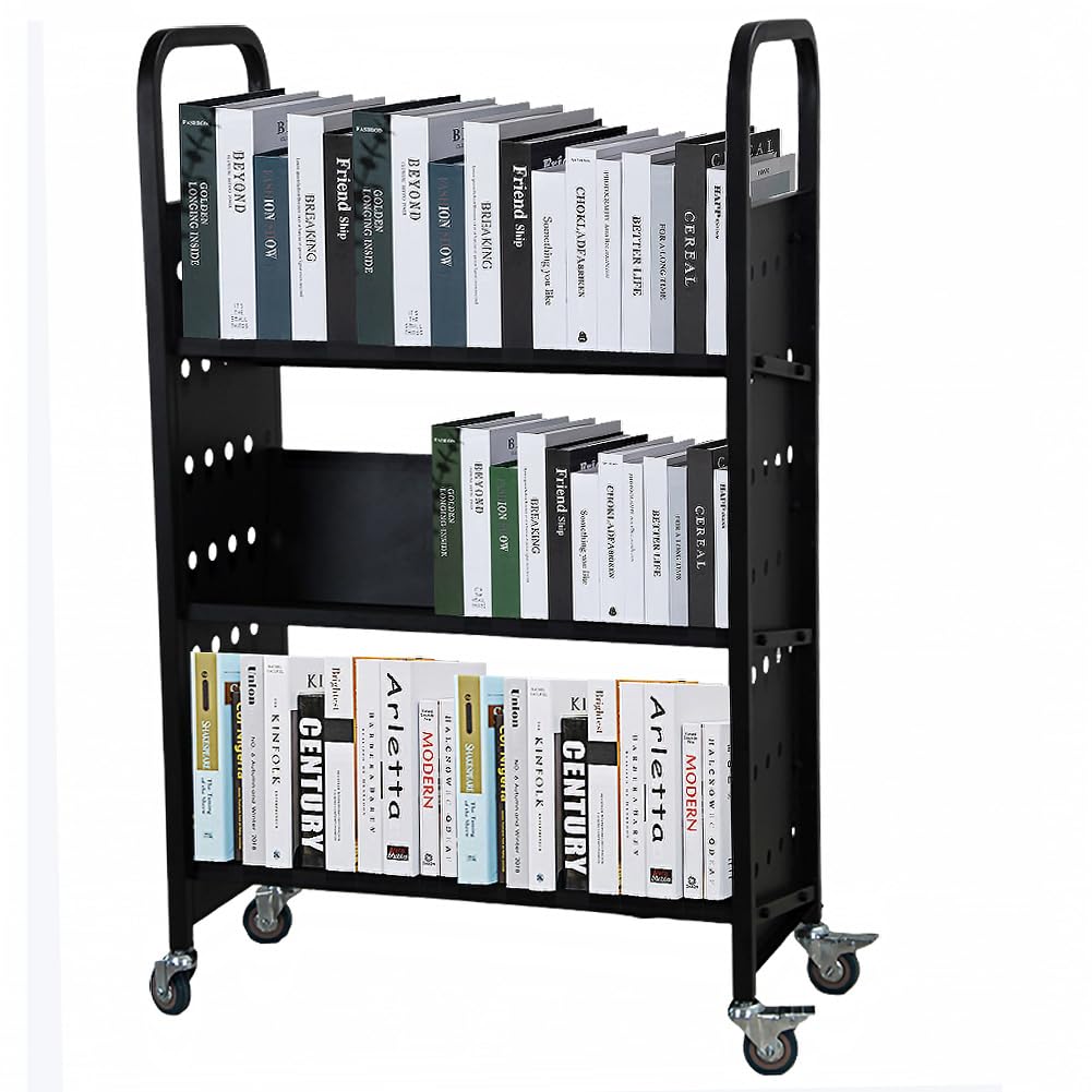 200LBS Book Cart, 30x14x49 V-Shaped Rolling Library Cart with 4 Inch Lockable Wheels for Libraries, Offices, Home Shelves, and Schools, Black