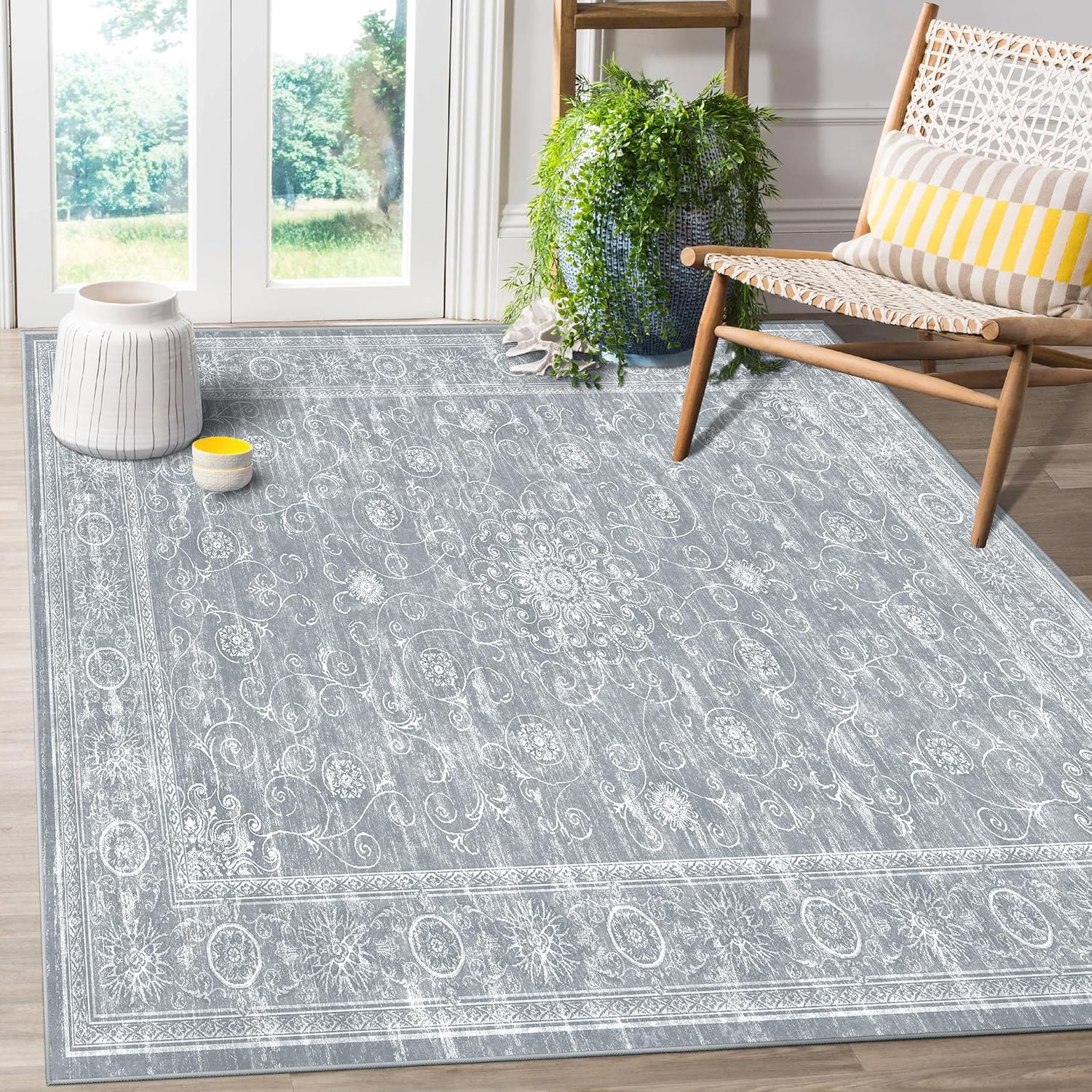 Area Rug Living Room Rug 5'x 7' Non-Slip Washable Rug Stain Resistant Bedroom Rug Low Plie Entryway Rug Pale Grey