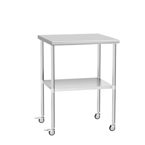 Stainless Steel Table with Wheels 24 x 60 Inches Metal Prep Table with Adjustable Undershelf for Commercial Kitchen, Outdoor, Restaurant, Hotel & Garage