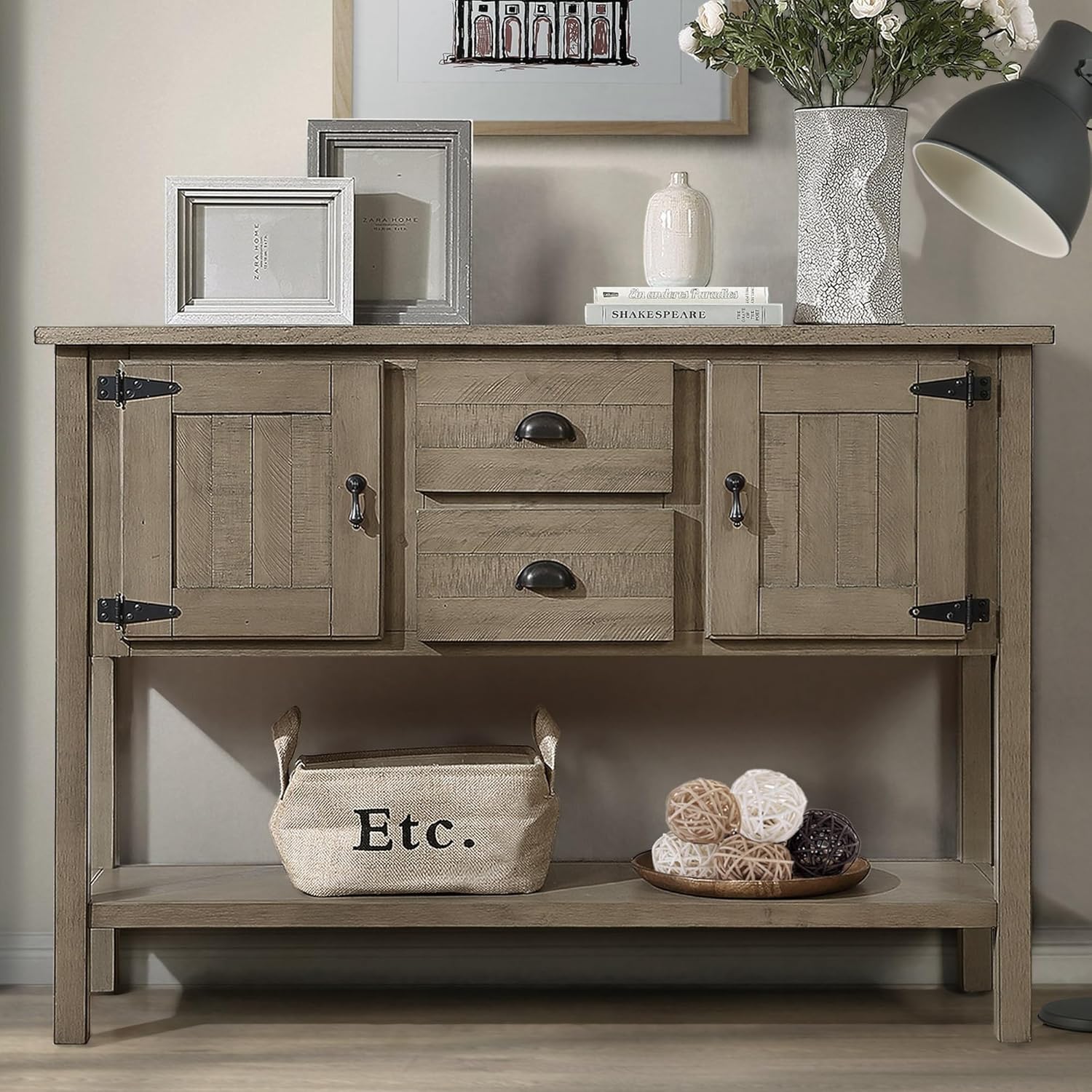 Farmhouse Sideboard Buffet Cabinet with Large Storage Space,Retro Accent Cabinet with 2Drawers,2Doors,Top Table,Bottom Table,48”Narrow Console Table,Solid Wood Storage Cabinet for Entryway