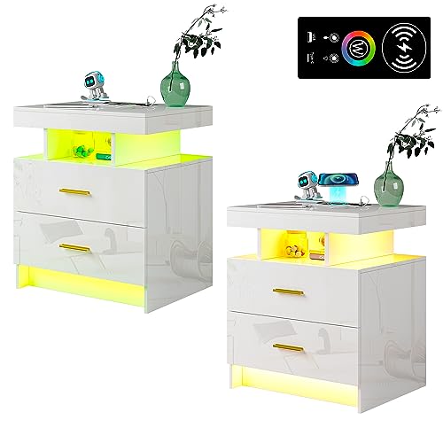 Night Stand Set 2 with USB/Type-C/Wireless Charging Station, White Nightstand with RGB Auto LED Lights, Modern Bedside Table Set of 2 with Drawers, Side Table&End Table for Bedroom Furniture