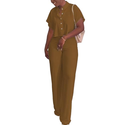Women's Summer 2 Piece Outfits Casual Tracksuit Short Sleeve Button Down Crop Top Wide Leg Long Pant Lounge Sets