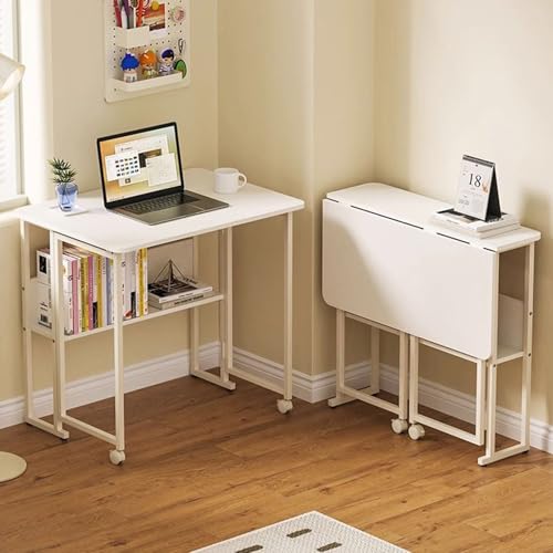 Mobile Foldable Desk with Wheels, Small Spaces Rolling Computer Desk, Portable Saves Space Table for Office Bedroom Living Room, Easy Assembly(39.3x19.7in, White)