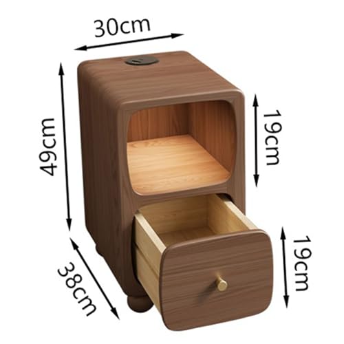 Walnut,30 * 38 * 49cm, Slim Bedside Cabinet, Narrow Solid Wood Nightstand, with Drawer & Storage Cabinet & Charging Station, for Living Room, Bedroom