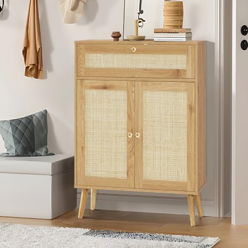 Quimoo Storage Cabinet, Rattan Cabinet with Adjustable Shelf & Large Drawer, Accent Cabinet for Entryway, Living Room, Natural