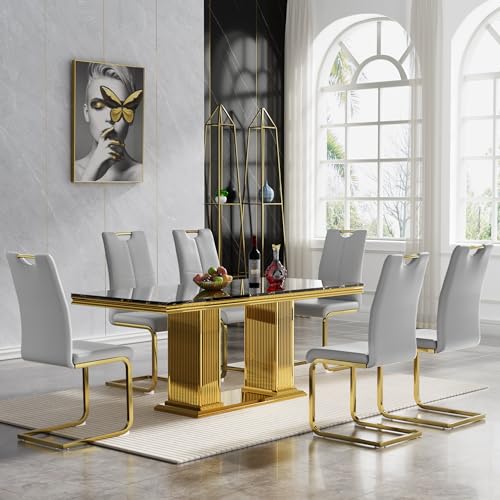 White Marble Dining Table for 6 Luxury Faux Marble Kitchen Table with Gold Mirrored Stainless Steel Base, 70