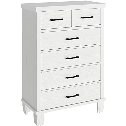 IDEALHOUSE Vintage Dresser for Bedroom with 6 Drawers, Vintage Design Wood Drawer Dresser Chest of Drawers for Closet, Living Room, Hallway, Nursery, Kids Bedroom (White, 6 Drawers)