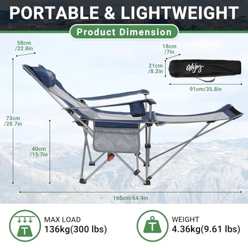 #WEJOY 2-in-1 Reclining Camping Chair, Lightweight Folding Camping Chair with Adjustable Backrest & Footrest, Camping Lounge Chair with Headrest, Cup Holder, Storage Bag, for Beach, Lawn, Concert