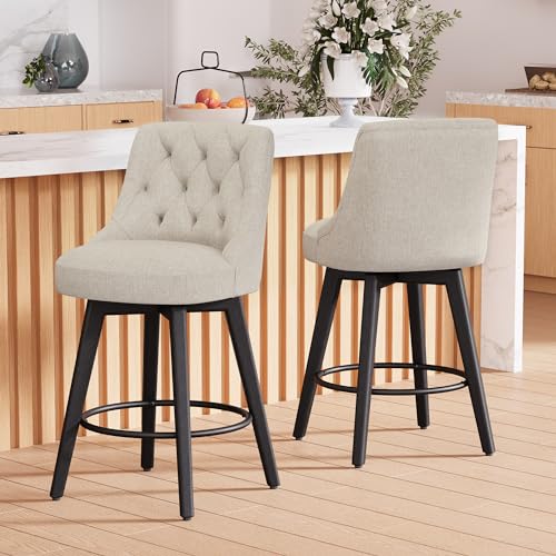 Modern 26 inch Upholstered Bar Stools, Thickened Counter Height Swivel Barstool Set, Faux Leather Bar Chairs with High Back, Wood Legs for Bar, Kitchen Island, Dining Room, Brown Seat