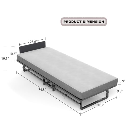 Folding Bed with Mattress Foldable Rollaway Adult Bed for Guest Space Saving Fold Up Bed for Easy Storage Portable Metal Bed Frame for Bedroom,Black