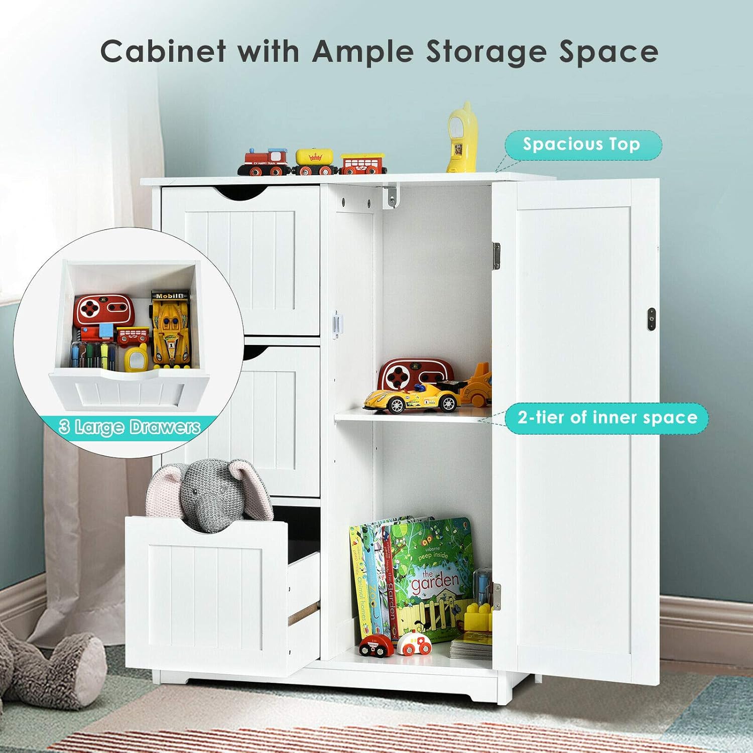 Elegant Design Multifunction Freestanding Bathroom Floor Cupboard Cabinet Storage Organize with 3 Drawer Adjustable Sturdy Durable for Toilet, Living Room, Bedroom, Corridor, Office White