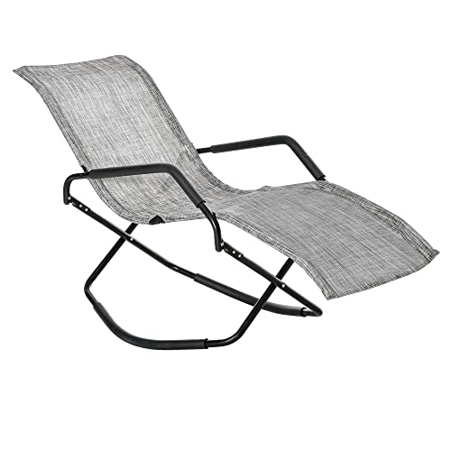 Outsunny Outdoor Folding Rocking Chair, Foldable Chaise Lounge Pool Chair with Armrests for Sun Tanning, Sunbathing, Rocker for Patio, Lawn, Beach, White