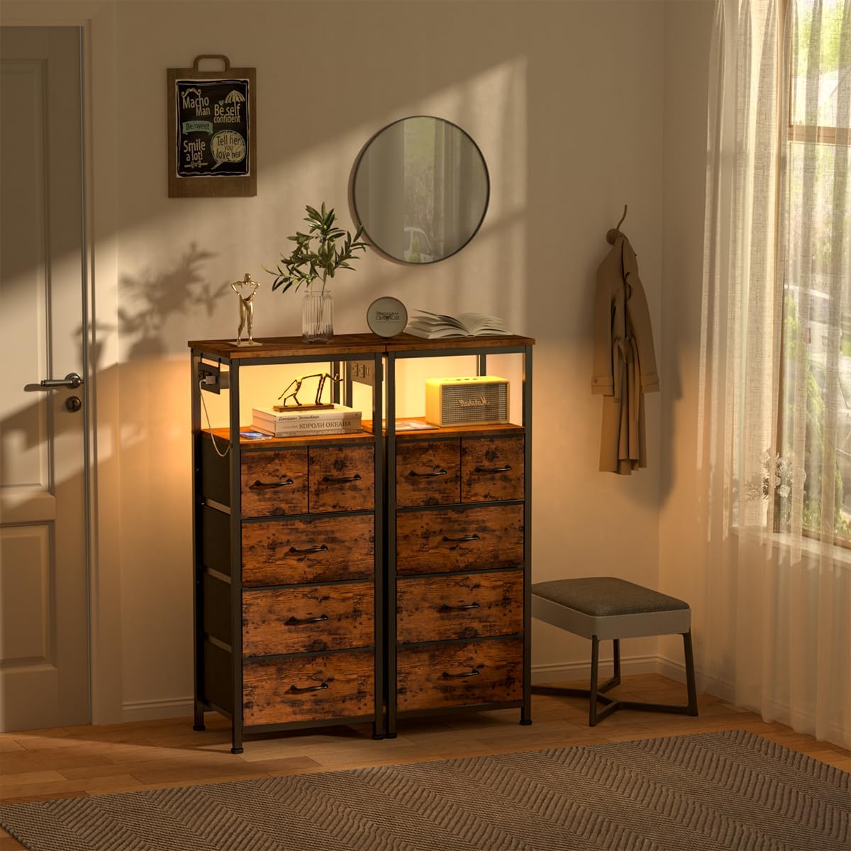 Furnulem Dresser TV Stand for Bedroom & Dresser for Bedroom with Charging Station and LED Lights