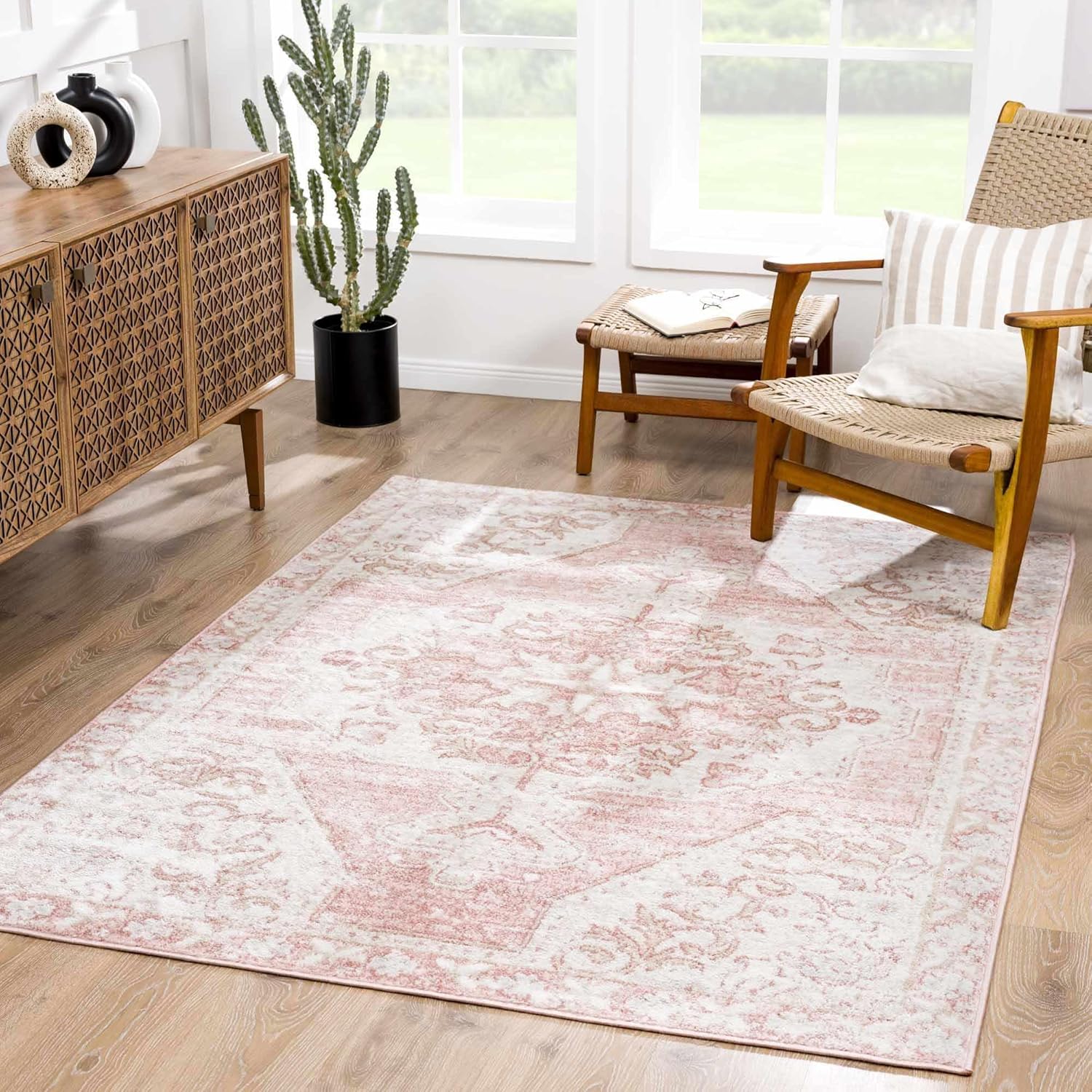 Blush & Light Pink Collection Snead Bohemian Oriental Medallion Area Rug - Traditional Floral Carpet for Living Room, Bedroom - Blush, Pale Pink, Cream - 6'7