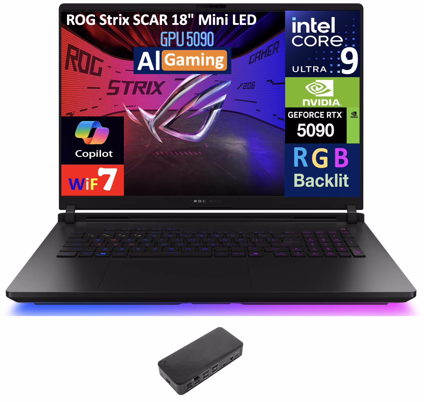 ASUS ROG Strix SCAR AI Gaming Laptop 18in 240Hz Mini LED WQXGA Display (Intel Ultra 9- 275HX, NVIDIA GeForce RTX 5090 24GB, 64GB DDR5, 4TB PCIe SSD, RGB KB, 2 Thunderbolt 5, Win 11 Pro) w/USB-C Dock