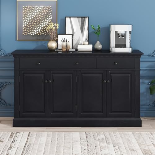 Retro Sideboard Extra Large Storage Buffet Cabinet with 3 Drawers & 2 Compartments, 4-Door Kitchen Pantry Cabinet Credenza Cupboard Console Table for Dining Room, Black