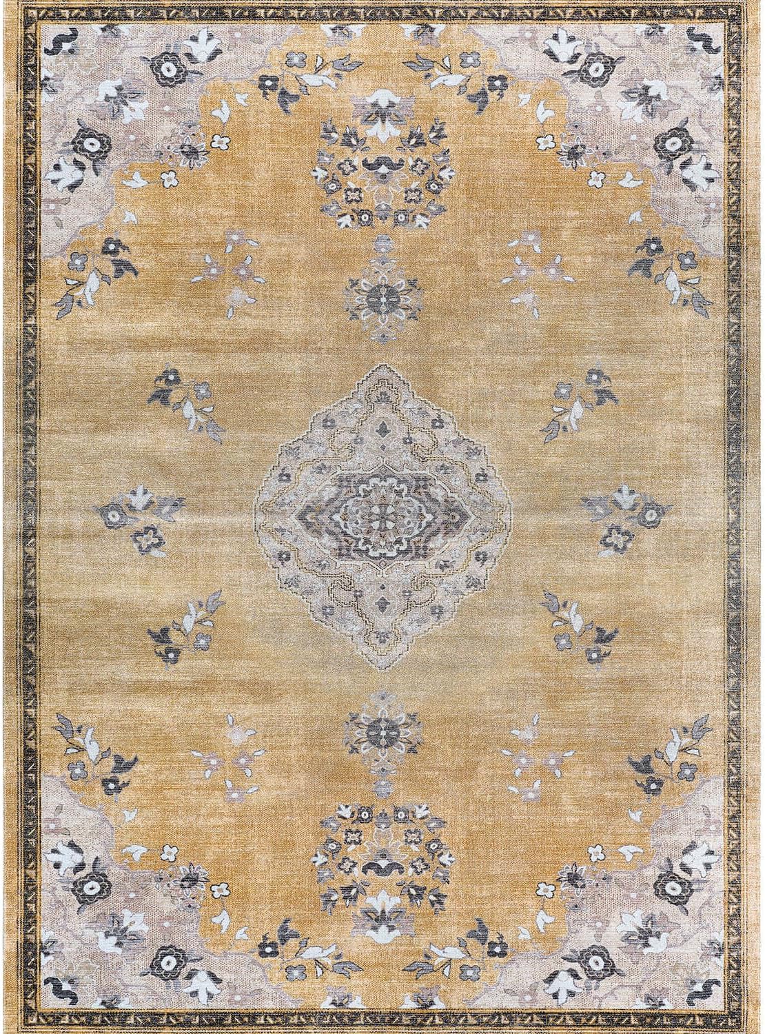 Beverly Rug Non Slip Rugs 8x10 Boho Medallion Floral Non Skid Rubber Backing Easy Silk Soft Area Rug for Living Room Easy to Clean Non Shedding Kitchen Bedroom Indoor Carpet (8 x 10 Yellow - Gray)