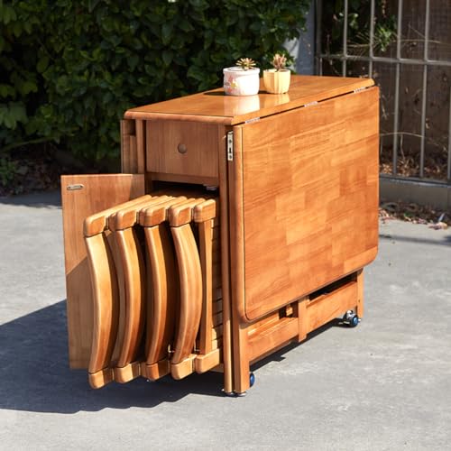 Solid Wood Table and Chair Set Home Mobile Folding Dining Table 4.3ft with Chair Storage Space (（4.26ft*2.95ft） Table + Chair *4,Brown)