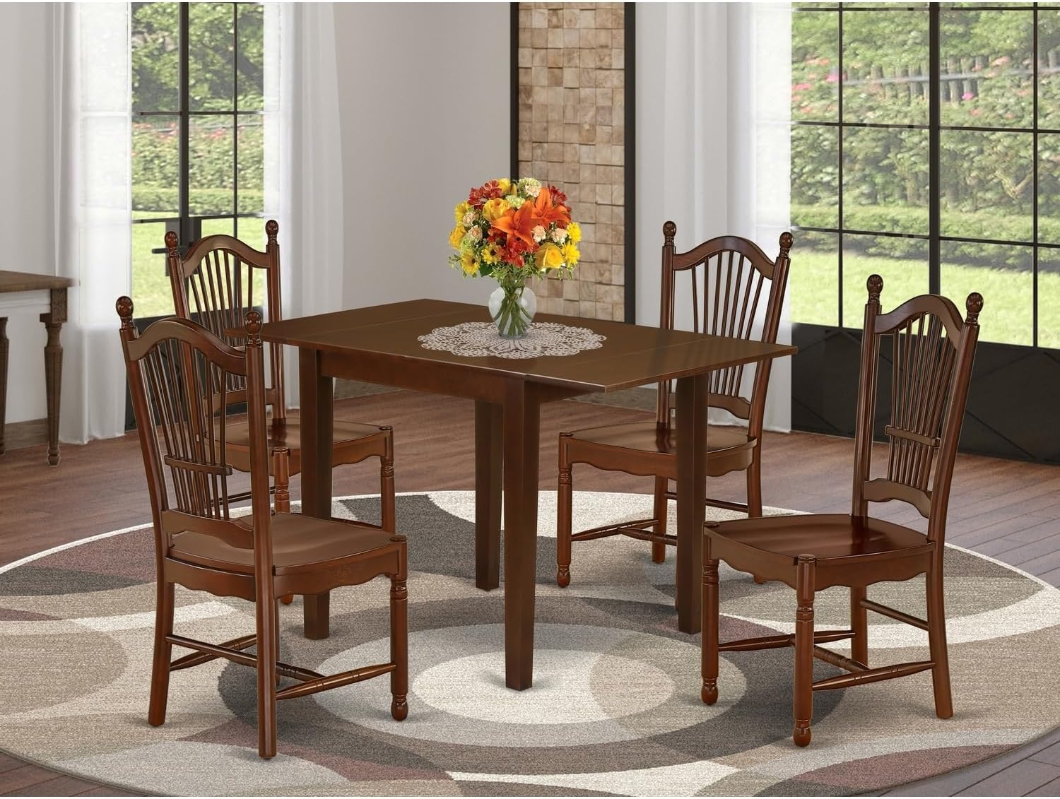 Antique Accents Dining Room Table Set 5 Pcs- 4 Awesome Wooden Chairs and an Eye-Catching Wood Table - Mahogany Finish Solid Wood Chair Seat - Mahogany Finish Hardwood Frame.