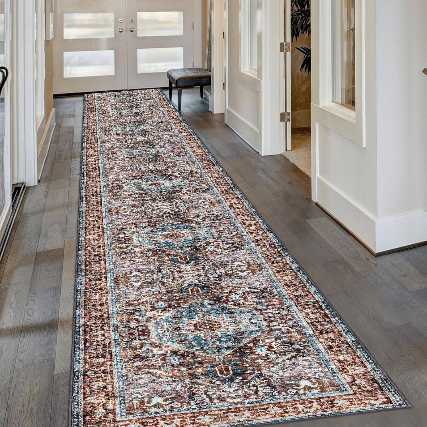 KOZYFLY Runners for Hallways 2.6x18 Ft Extra Long Washable Kitchen Runner Rug Boho Runner Rug for Entryway Indoor Brown Oriental Faux Wool Stair Runner Rug Floor Carpet Runner for Stair Kitchen Hall