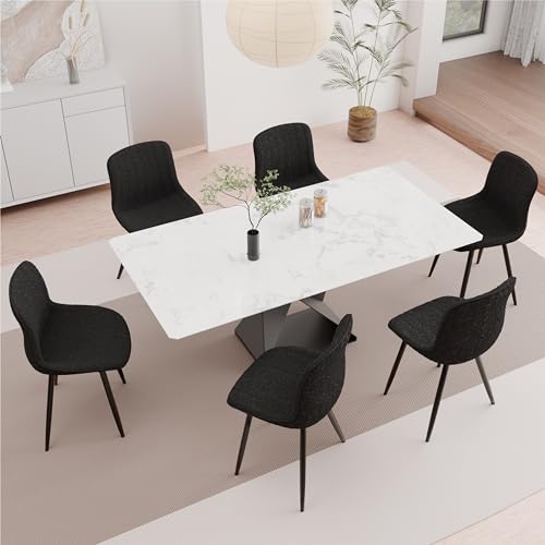 Black Boucle Dining Chairs Set of 6, Sherpa Chair Upholstered Kitchen & Dining Room Chairs with Black Metal Legs, Mid-Century Modern Dining Chairs for Dining Room, Kitchen