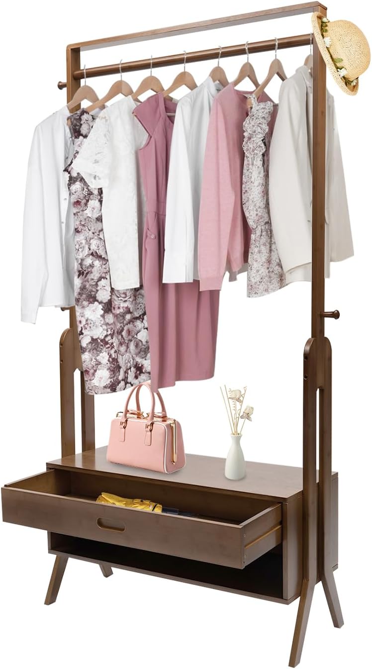 Bamboo Wooden Garment Rack, Freestanding Closet Organizers with Storage Drawer, Clothes Coat Rack for Hanging, Open Wardrobe for Entryway Bedroom Hallway Small Space