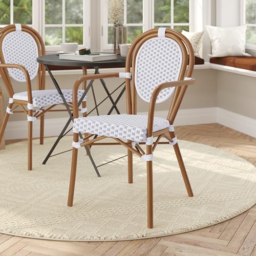 Flash Furniture 2 Pack Lourdes Indoor/Outdoor Commercial Thonet French Bistro Stacking Chair with Arms, PE Rattan and Aluminum, Set of 2, Black & White/Natural Frame