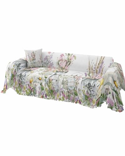 Floral Texture Sofa Cover Couch Covers for 3-4 Cushion Couch Throw Couch Cover with Tassel Soft Sofa Slipcover Watercolor Tulip Daisy Flowers White Couch Furniture Protector for Dog Pet 71