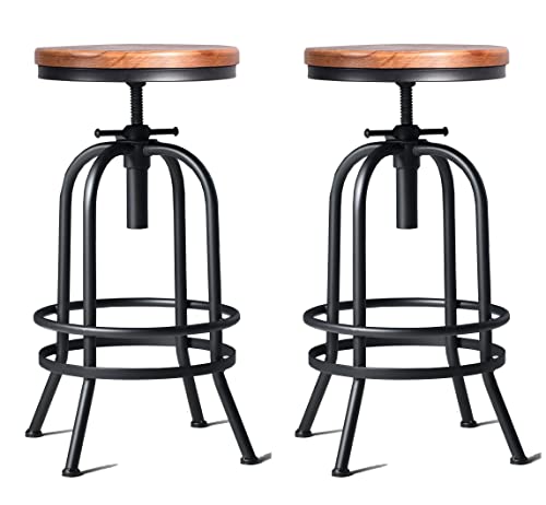 Diwhy Industrial Bar Stool-26-32 Inch Adjustable Swivel Metal PU Leather Seat Stool Bar Height Bar Stool with Footrest-for Kitchen, Dining Side Chair, Pub, Bistro, Set of 2, Black