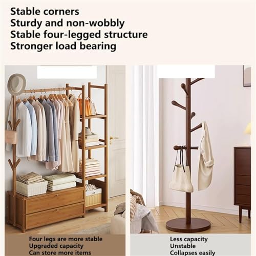 Bamboo Wooden Garment Rack, Hall Tree, Coat Rack Freestanding, with 2 Drawers, 4 Hooks and Storage Shelves, Wardrobe Closet Clothing Rack (31 * 11 * 65“)