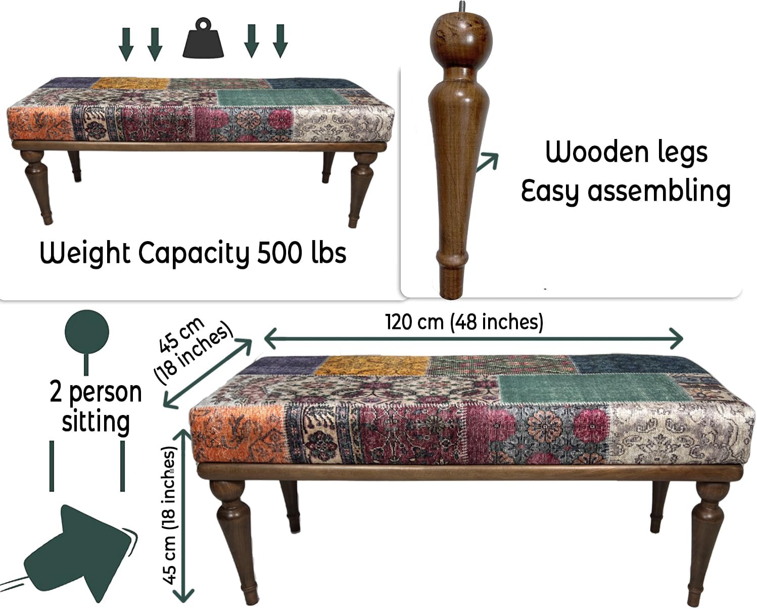 Rustic Upholstered Ottoman Bench for Living Room, Entryway, or Bedroom - Vintage Bohemian Wooden Accent Furniture with Cushioned Seat - Multi-functional Footstool for Modern Home Decor