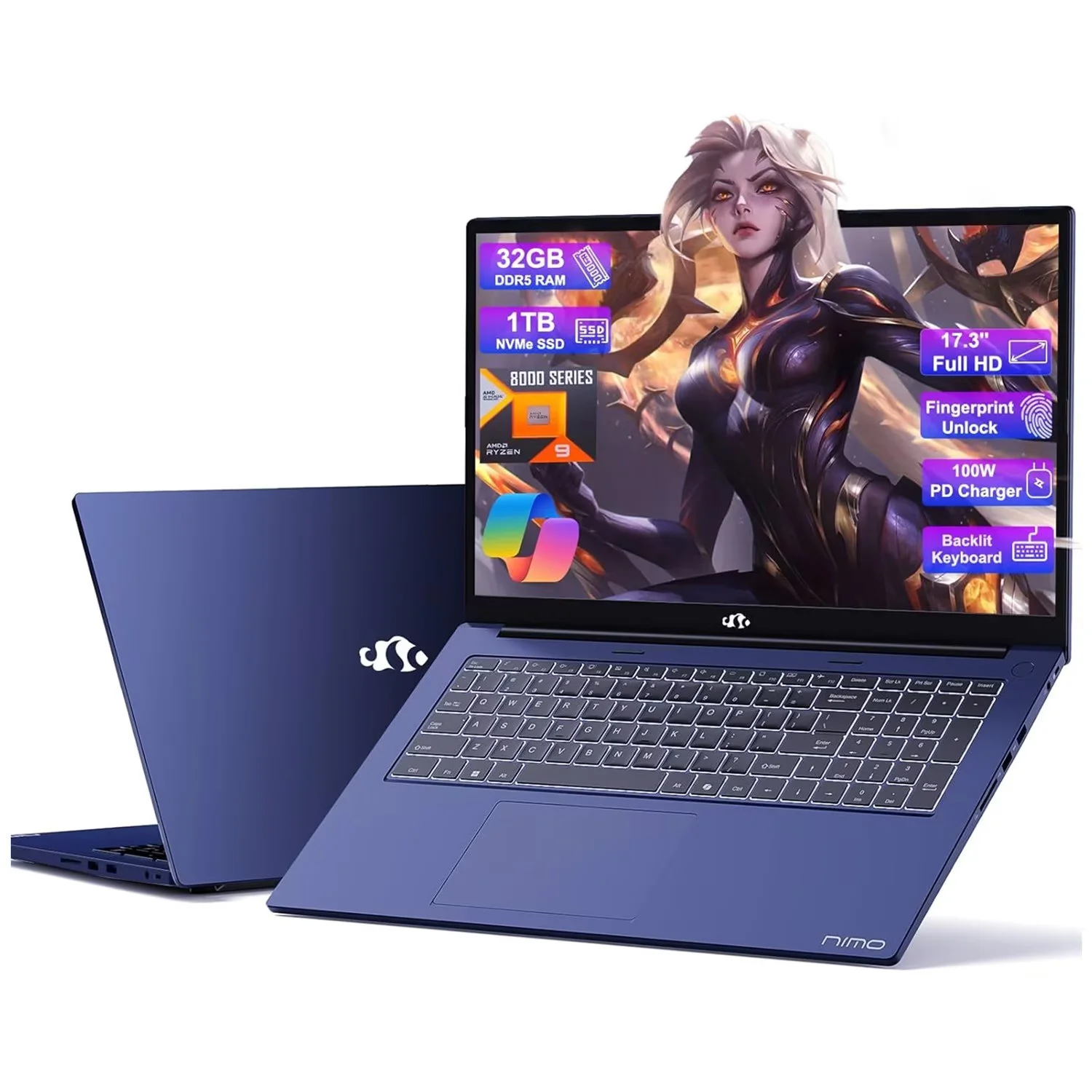 17.3 Gaming Laptop Ryzen 9 8945HS (Beat i9-13900H, Up to 5.2GHz) 32GB RAM, 1TB SSD, Radeon 780M, PD 100W Type-C AI-Enhanced for Copilot VR Ready, Backlit Keyboard, Fingerprint, 75W Battery, Blue