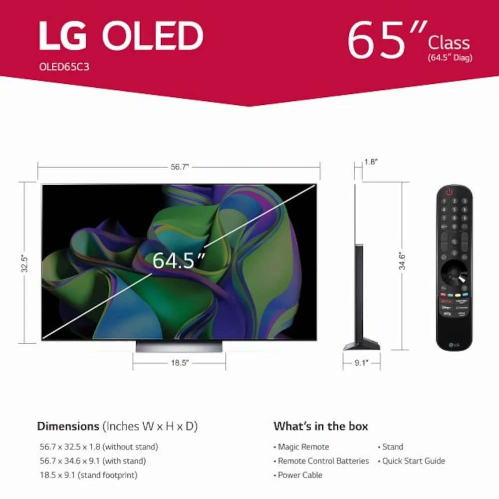 LG 65-Inch OLED C3 HDR 4K Smart OLED TV Bundle - 120 HZ Refresh Rate + UAX 4K HDMI 2.0 Cable + CPS 24 Months Protection and Streaming Kit with Alexa