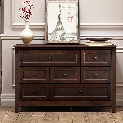 6 Drawers Chest, Solid Wood Dresser for Bedroom, Mid-Century Modern Freestanding Storage Cabinet, Chest of 2 Small & 4 Large Drawers w/Smooth Gliding Rails, Seashell Shaped Handles for Living Room