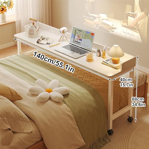 Overbed Table Wheels Overbed Table with 360° Wheels, Over The Bed Table, Queen/Full Size Over Bed Desk, Laptop Cart, Rolling Desk W/Heavy Duty Metal Leg, for Bedroom,, White