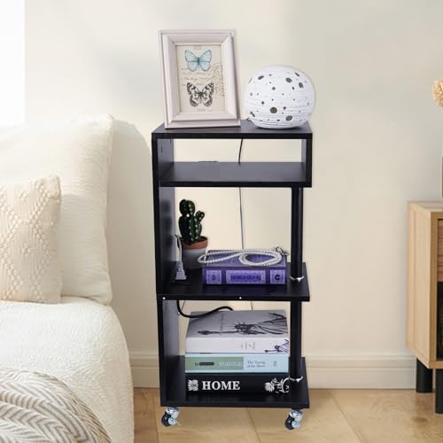 Coffee Table with Wheels 4-Tier Narrow-Sided Table with Charging Station and USB Port, Flexible Space Rolling Slim Bedside Table, Living Room, Bedroom, Black (Apricot)