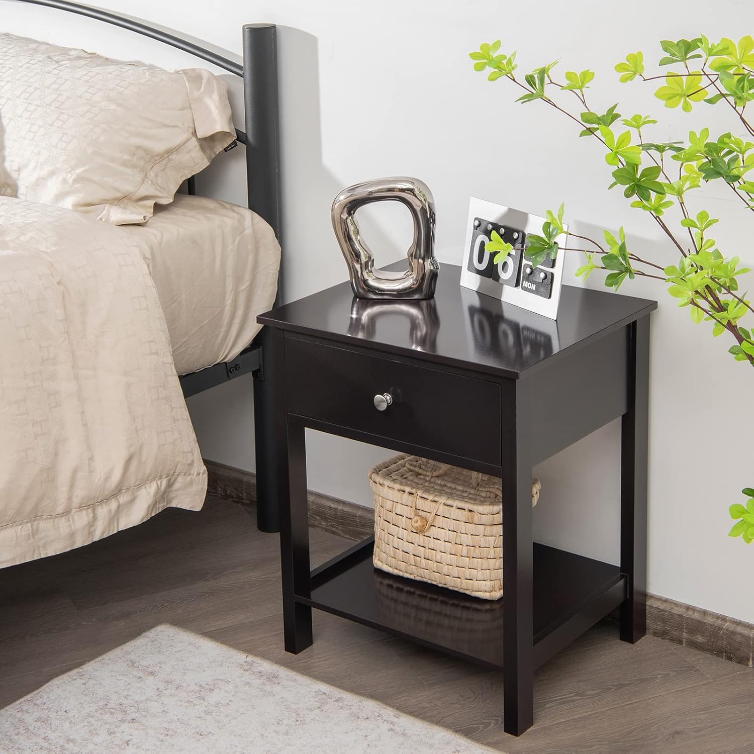 COSTWAY Nightstand with Drawer Storage Shelf Wooden Bedside Sofa Side Table Black