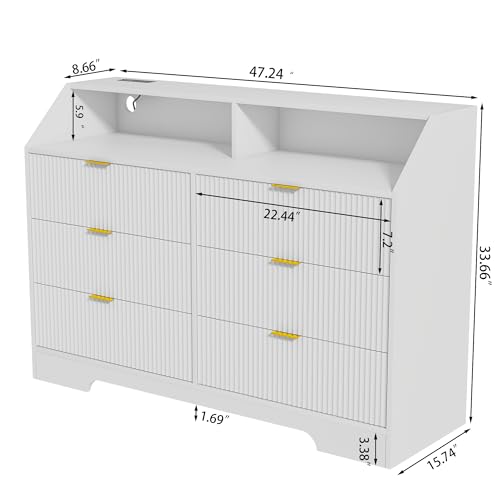 6 Drawer Dresser with Charging Station Accent Fluted Dresser with Power Outlet Wooden Chest of Drawers Mid Century Modern Dresser Wide Storage Dressers Chest for Bedroom Living Room