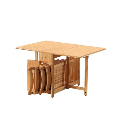 Solid Wood Table and Chair Set Home Mobile Folding Dining Table 4.3ft with Chair Storage Space (（4.26ft*2.95ft） Table + Chair *4,Brown)