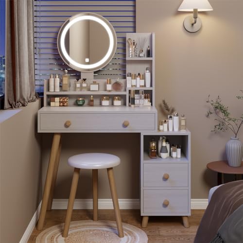 Vanity Table + Stool Set Multi Layer Practical Fashionable Dresser, Modern Makeup Furniture with 3 Color Mirror Drawers, Open Storage Shelf for Girl Home Decoration White Oak As Shown