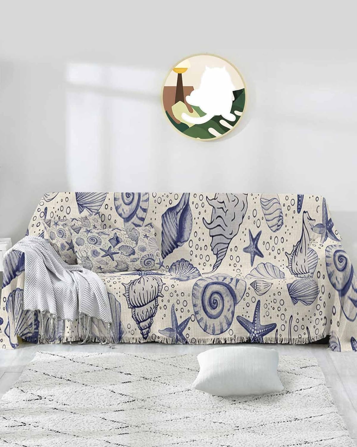 Ocean Sofa Cover Couch Covers for 3 Cushion Couch Throw Couch Cover with Tassel Soft Sofa Slipcover Summer Coastal Purple Starfish Conch Beige Couch Furniture Protector for Dog Pet 71