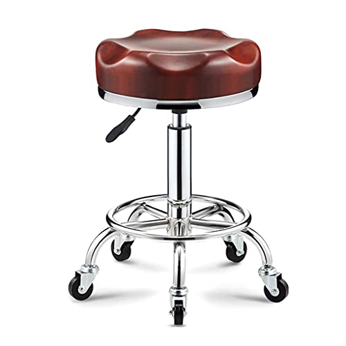 Round Rolling Stool with Wheels and Thicker Softer Seat, Adjustable Height PU Leather Stool Shop Stool with Footrest Swivel Massage SPA Stool Hairdressing Salon Stoo Gold（Red）
