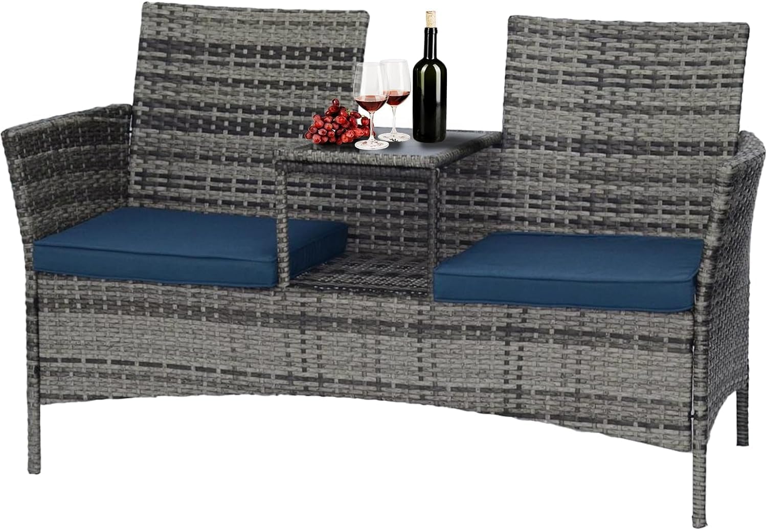 Rattan small patio set for 2，Comfortable Outdoor Seating for Gardens and Backyards，Ideal for Small Spaces,Apartment Balconies,outdoor furniture sets，front porch chairs (Grey-Blue), QRY001