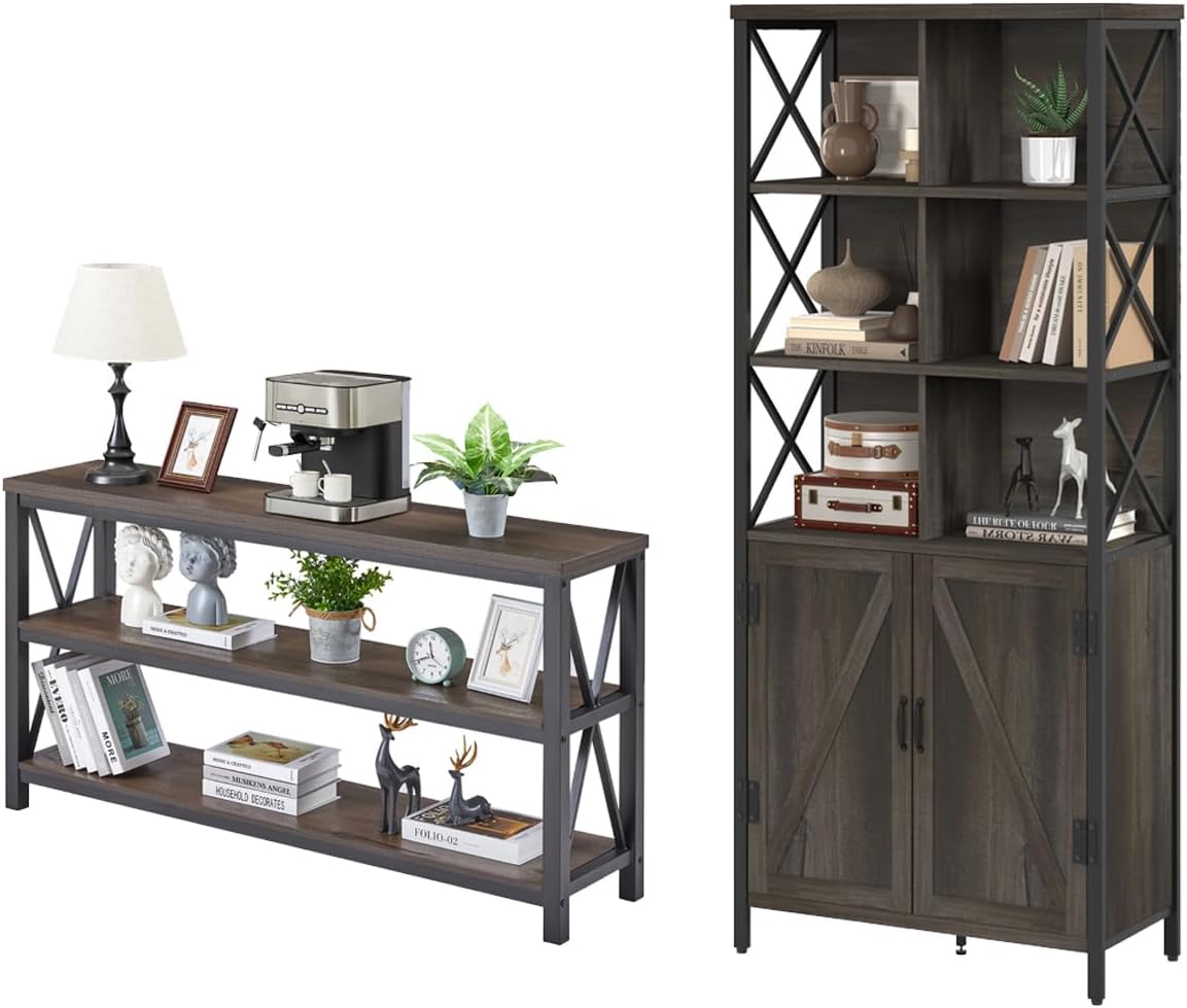 FATORRI Industrial Console Table and Rustic Bookcase with Doors