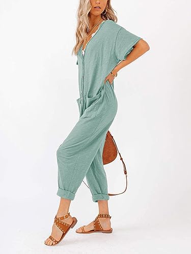 Aoysky Oversize Women's One Piece Button Up Jumpsuit Casual Loose Short Sleeve V Neck Long Pants Rompers