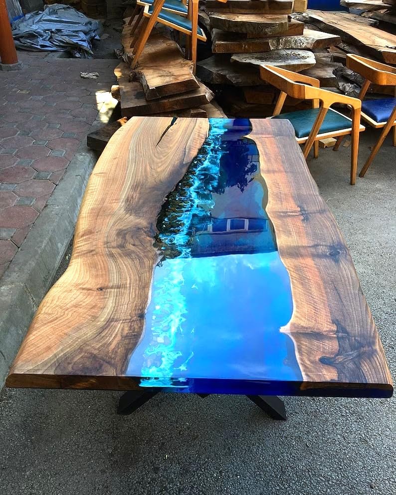 Large Natural Wood Deep Blue River Sea Coastal Table Top Dining Table Living Room Stones Table For 2, 4, 6, 8 Coffee Table Side/End Table Patio Table Walnut Table (Without Stand, 60 x 36 Inches)