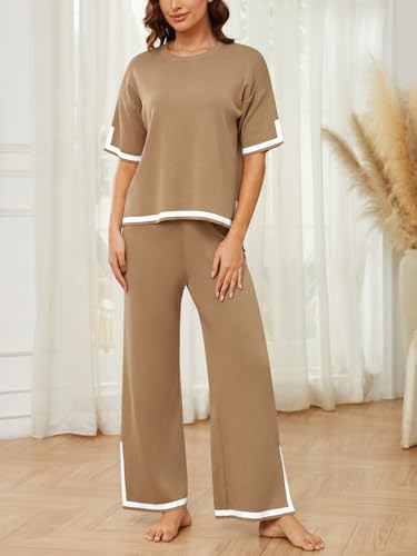 YIJIU Women's 2 Piece Outfits Short Sleeve Knit Sweater Pullover Tops Soft Wide Leg Pants Lounge Sets Tracksuits