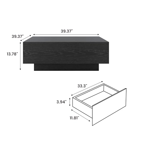 POVISON Mid Century Modern Coffee Table with Storage, Square Coffee Table with Drawers, 35.43