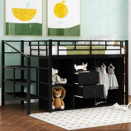 SOFTSEA Full Size Metal Loft Bed with Drawers and Wardrobe, Low Loft Bed with Storage Staircase for Kids, Space Saving Loft Bed for Bedroom Small Room, Black