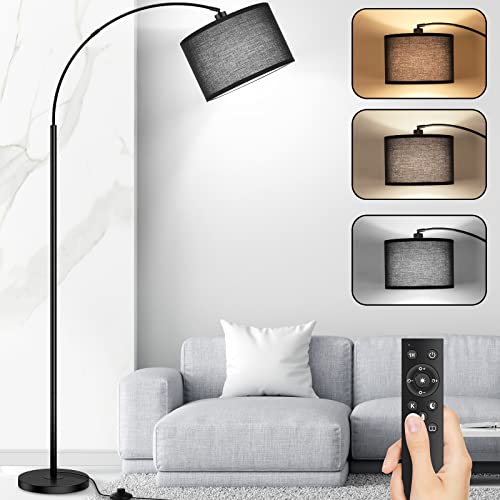Arc Floor Lamps for Living Room, Modern Remote Control Standing FLamp with Stepless Dimmable, Gold Tall Lamp with White Drum Shade,Over Couch Arched Reading Light for Bedroom, Office(Bulb Included)